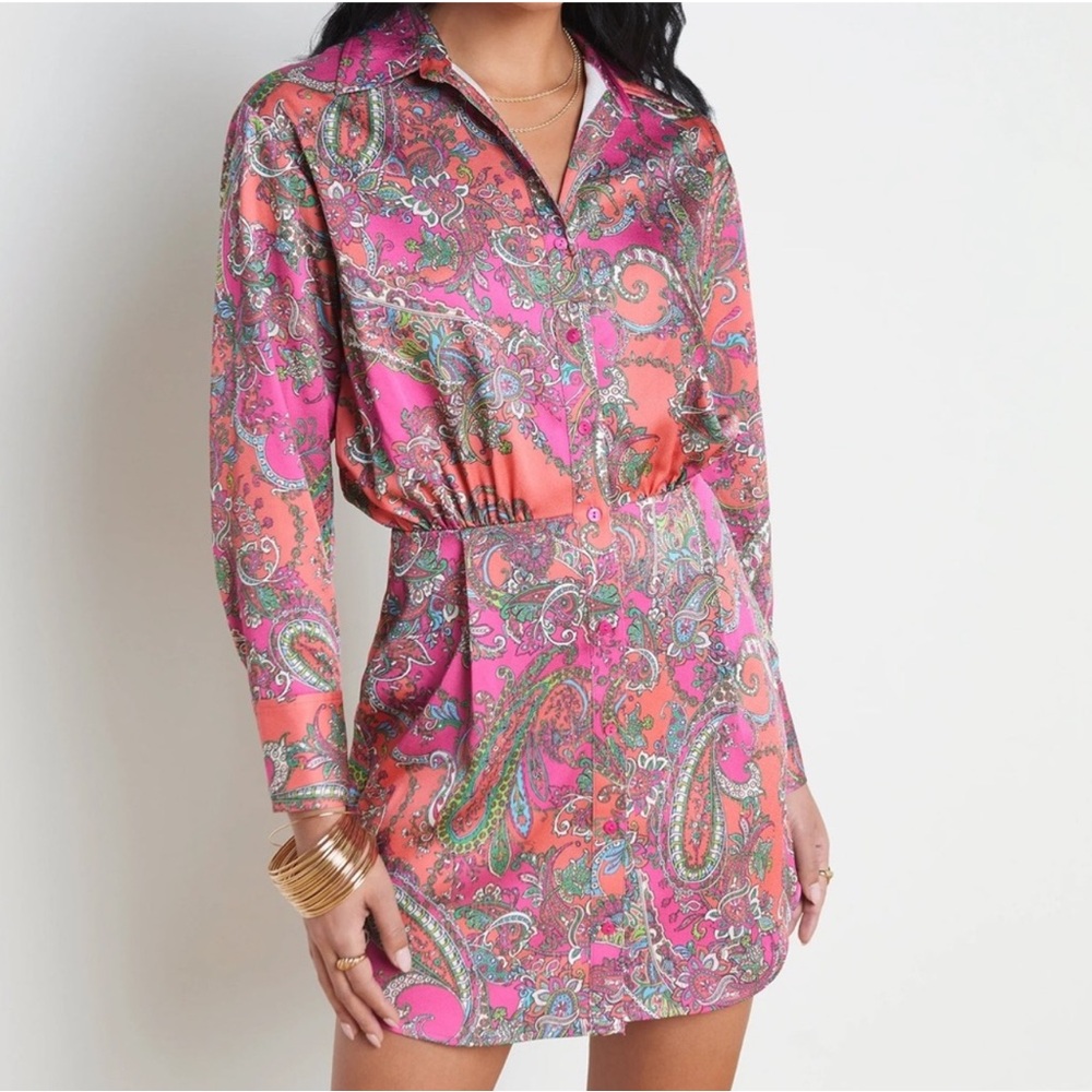 L’Agence Demetria Satin Mini Shirt Dress